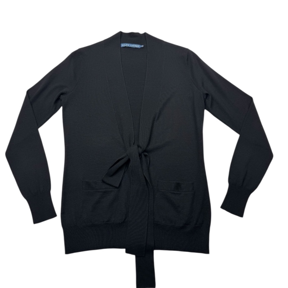 Ralph Lauren Blue Label Womens Black Tie Front Merino Wool Cardigan Sweater Sz M - Picture 13 of 13